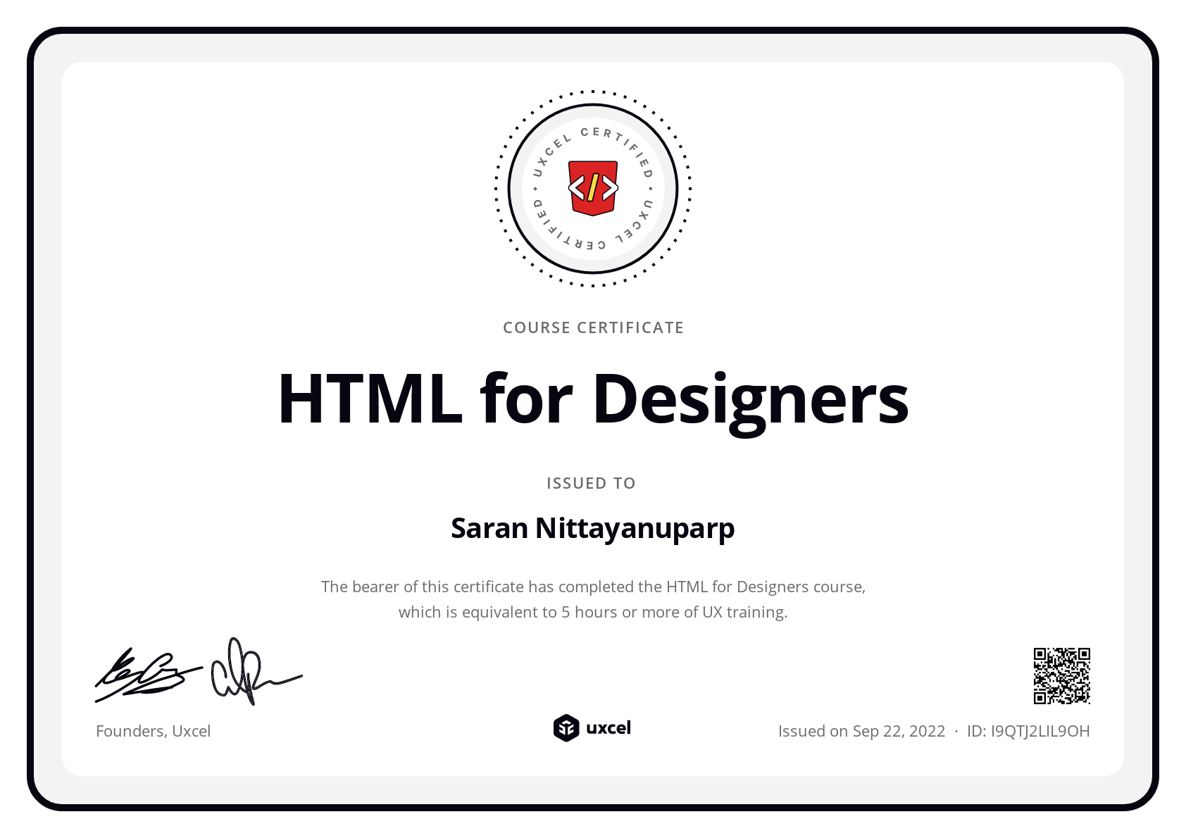 Saran Nittayanuparp's certificate